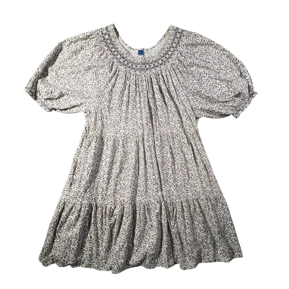 Old Navy Floral Smocked Tiered Dress Womens Large Brown White Puff Sleeve Boho